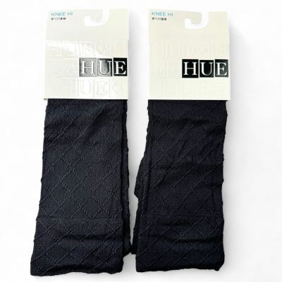 HUE Textured Diamond Knee High Socks Black One Size 2 Pairs NEW